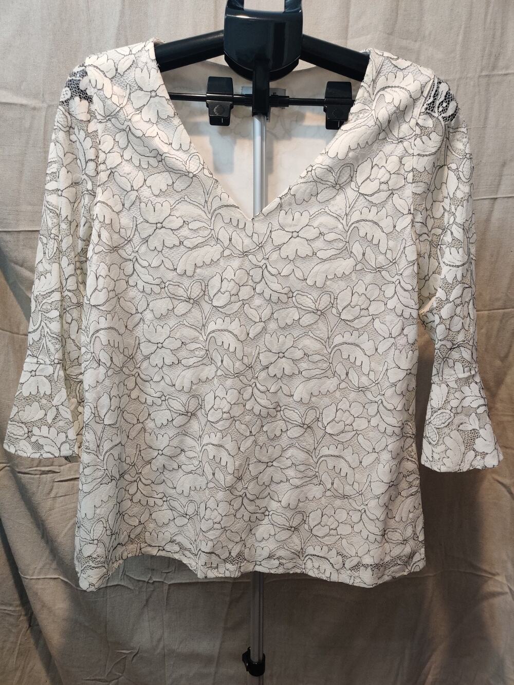 Vintage Elle Blouse Women's Size Large Floral Lace Cottage Core White Black